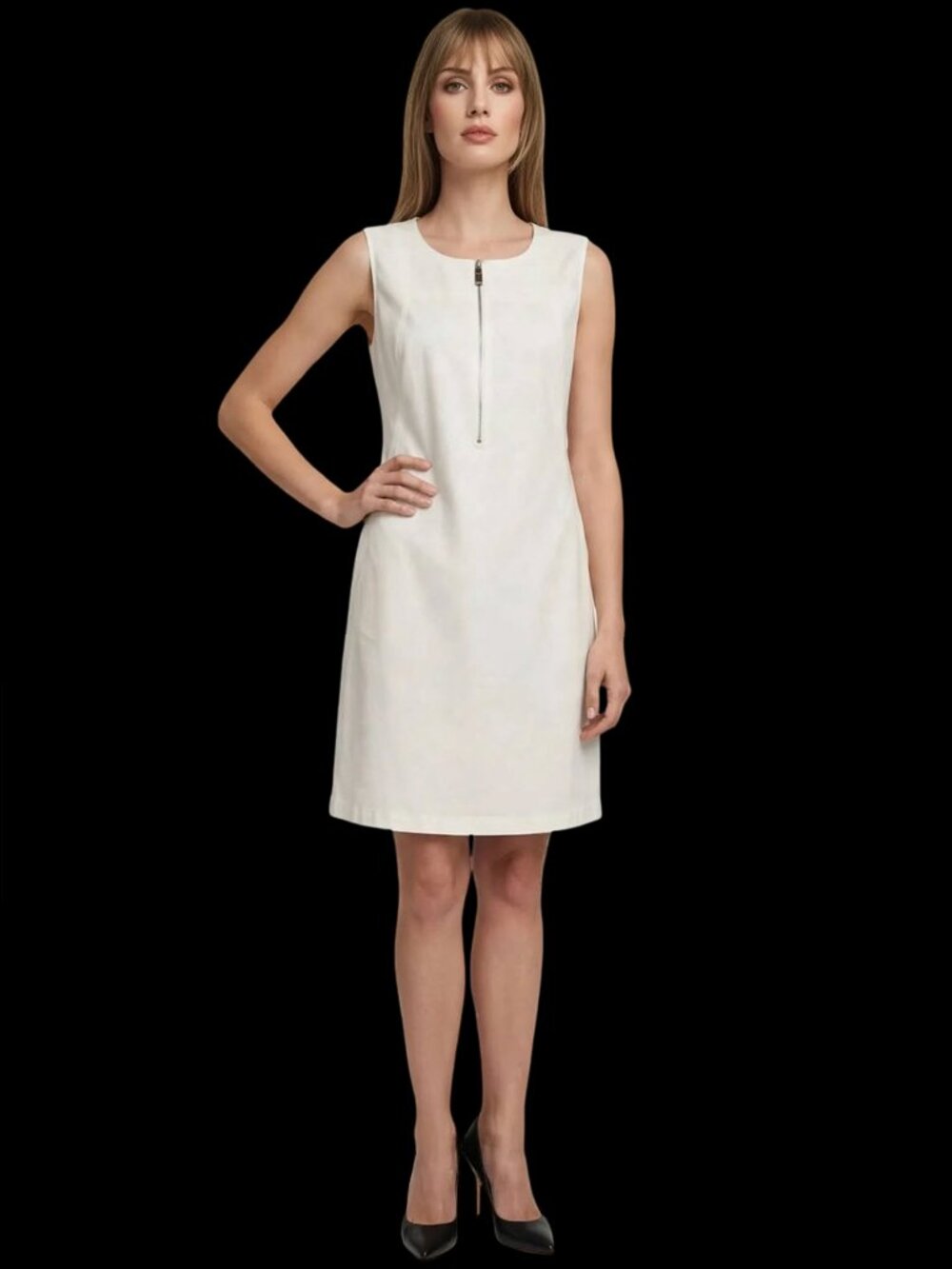 Lafayette 148 New York Audren Dress Shift Off White Zip Front Hip Pockets